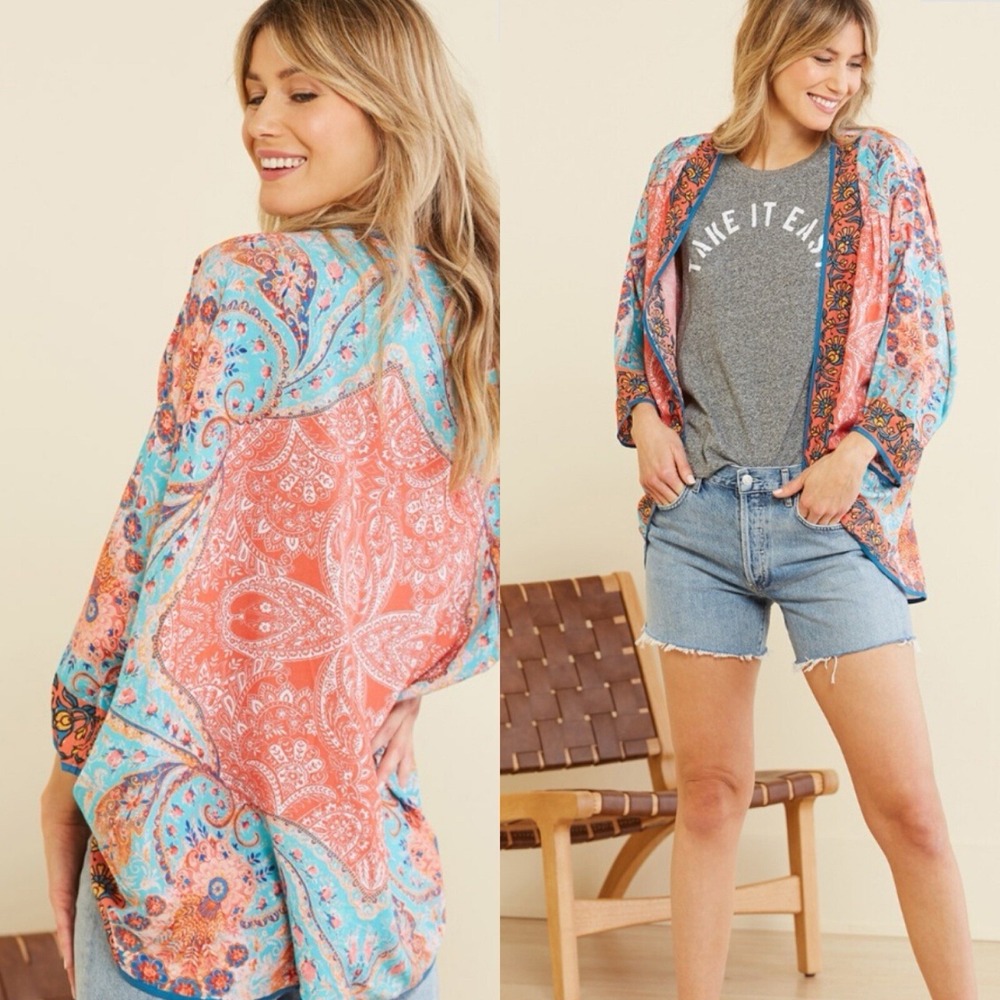 Tolani Collection O/S Kimono Duster Cardigan Tunic Top Funky Open Front Floral